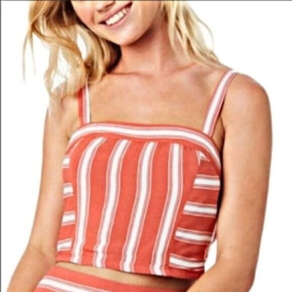 Band of Gypsies ✦ Coral Ivory Striped Crop Top ✦ Square Neck Smocked Back L EUC - Picture 2 of 9